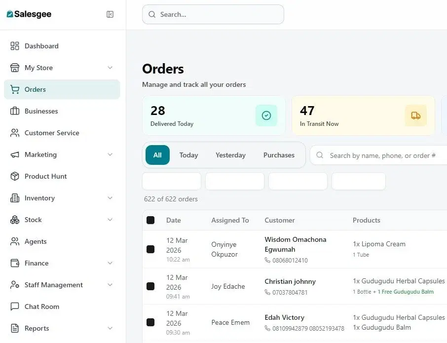 SalesGee orders dashboard